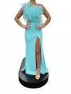 Ava Presley One Shouldered Feathered Gown With High Slit In Aqua In Blue
