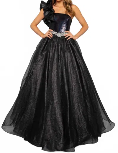 Ava Presley One-shoulder Ruffle Ball Gown In Black In Blue