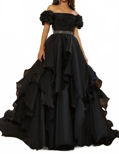 Ava Presley Ruffled Off Shoulder Ball Gown In Black