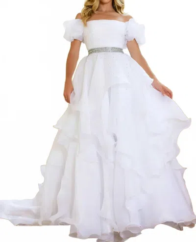 Ava Presley Ruffled Off Shoulder Ball Gown In White