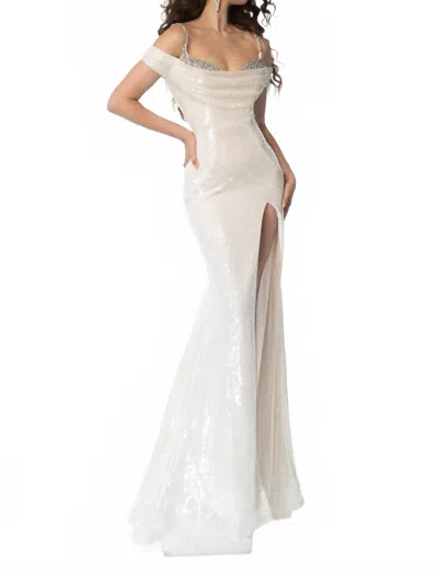 Ava Presley Sequin Cowl Neck Off-shoulder Gown In Off White