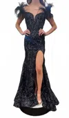 Ava Presley Sequin Gown With Feather Details In Black In Blue