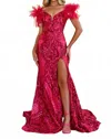 Ava Presley Sequin Gown With Feather Details In Hot Pink In Pink
