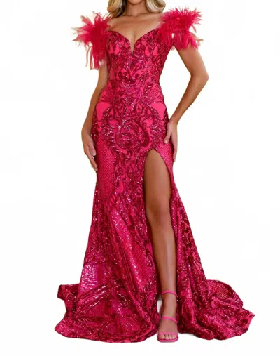 Ava Presley Sequin Gown With Feather Details In Hot Pink