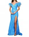Ava Presley Sequin Gown With Feather Details In Iridescent Ocean In Blue