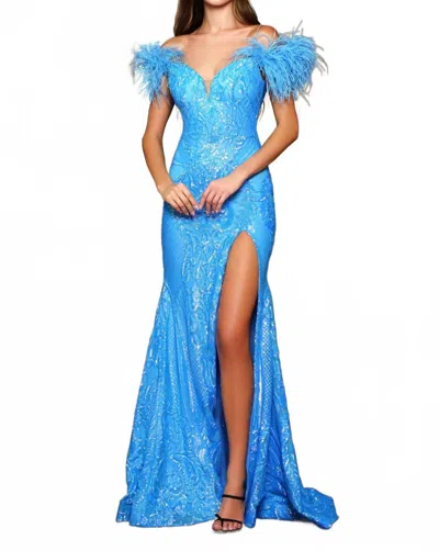 Ava Presley Sequin Gown With Feather Details In Iridescent Ocean In Blue