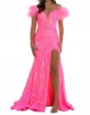 Ava Presley Sequin Gown With Feather Details In Neon Pink In Pink