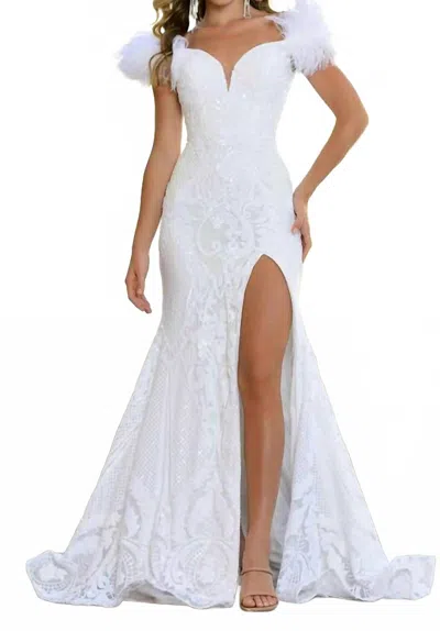 Ava Presley Sequin Gown With Feather Details In Off White