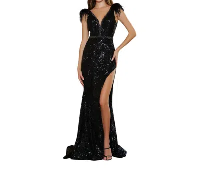 Ava Presley Sequined High Slit Evening Gown In Black
