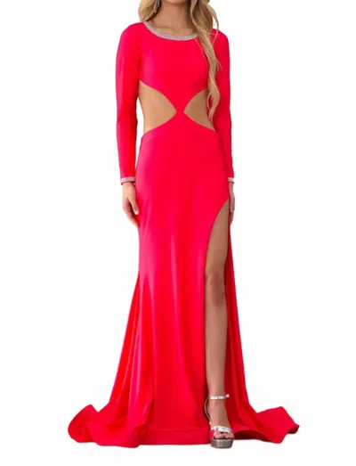 Ava Presley Sleek Gown With Cutouts And High Slit In Watermelon In Pink