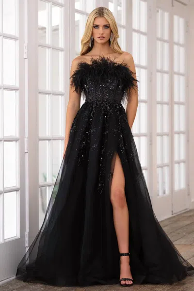 Ava Presley Strapless Feather Beaded Slit Ball Gown In Black