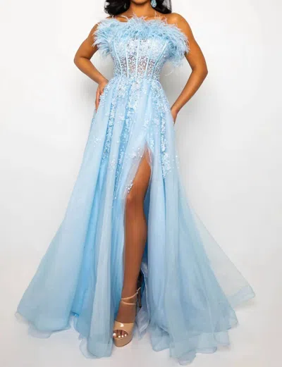 Ava Presley Strapless Feather Beaded Slit Ball Gown In Light Blue