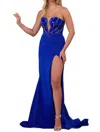 Ava Presley Strapless Gown With High Slit In Royal In Blue