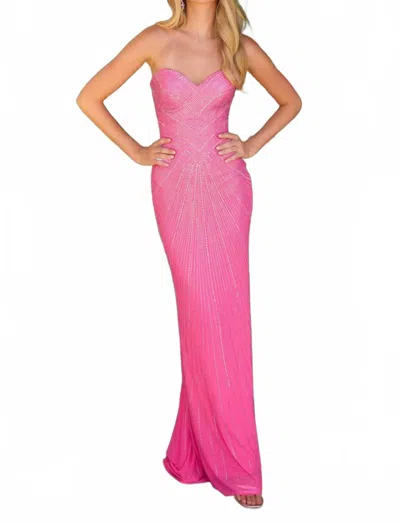 Ava Presley Strapless Long Gown In Slinky Jersey Fabric And Beading In Pink