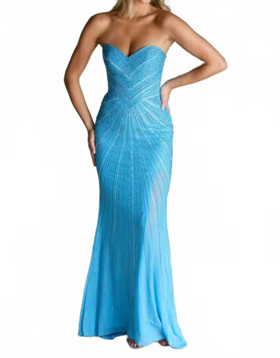 Ava Presley Strapless Long Gown In Slinky Jersey Fabric And Beading In Turquoise In Blue