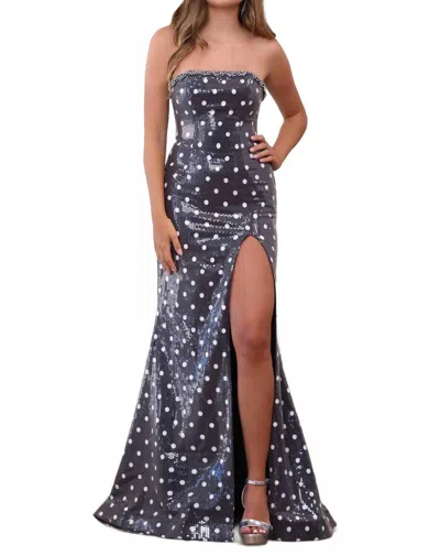 Ava Presley Strapless Sequin Polka Dot Mermaid Gown In Black In Blue