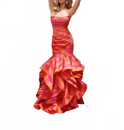 Ava Presley Striped Ruffle Mermaid Prom Dress In Orange Pink In Multi