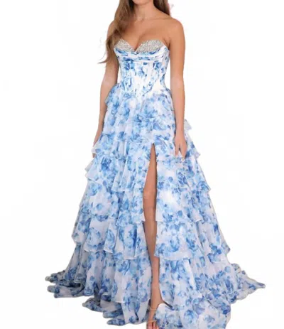 Ava Presley Sweetheart Neckline Gown In White/blue In Multi