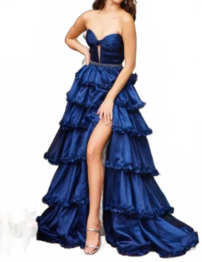Ava Presley Tiered Ruffle Strapless Evening Gown In Navy In Blue