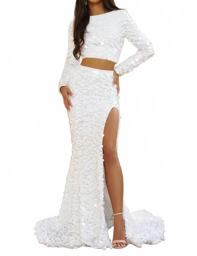Ava Presley Two Piece Sequin Gown With Slit In White