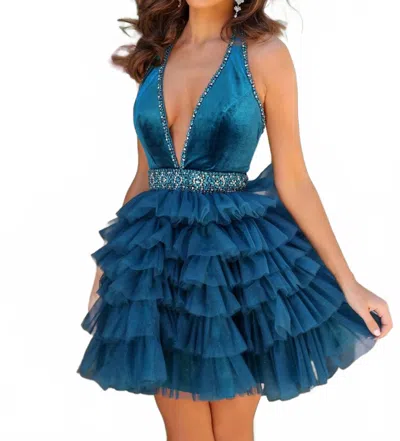 Ava Presley Velvet Halter Short Dress In Teal In Blue