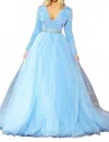 Ava Presley Velvet Sequin Long Sleeved Ball Gown In Iridescent Light Blue In Blue