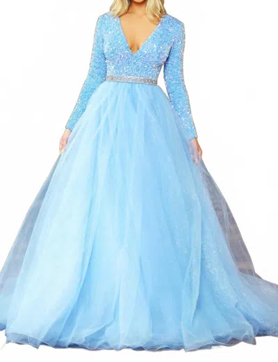 AVA PRESLEY VELVET SEQUIN LONG SLEEVED BALL GOWN IN IRIDESCENT LIGHT BLUE