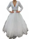 Ava Presley Velvet Sequin Long Sleeved Ball Gown In Iridescent White In White