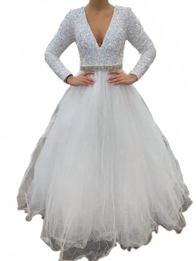 Ava Presley Velvet Sequin Long Sleeved Ball Gown In Iridescent White In Gray