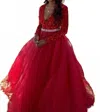 Ava Presley Velvet Sequin Long Sleeved Ball Gown In Red In Red