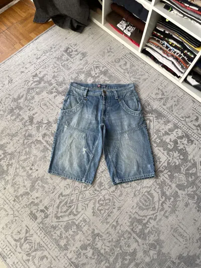 Pre-owned Avant Garde Double Knee Shorts Faded Denim Jorts Washed Baggy In Blue