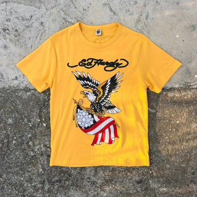 Pre-owned Avant Garde X Ed Hardy Vintage Y2k Yellow Tshirt Printed Drip Eagle Usa