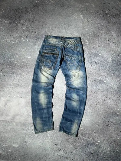 Pre-owned Avant Garde X Ed Hardy Y2k Japanese Jeans Kosmo Lupo Embroidered Logo Washed Denim In Blue