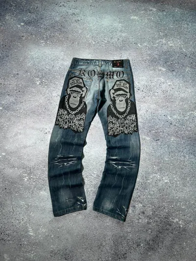 Pre-owned Avant Garde X Vintage Y2k Kosmo Lupo Jeans Monkey Logo Back Washed Denim Ed Hardy In Blue