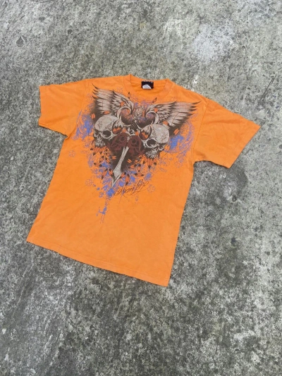 Pre-owned Avant Garde X Vintage Y2k Vintage T-shirt Avant Garden Ed Hardy Style Miami Ink M In Orange