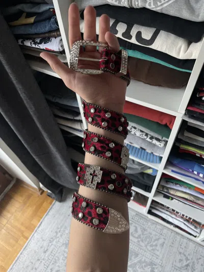 Pre-owned Avant Garde Y2k Belt Rhinestones Iron Cross Leopard In Red