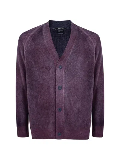 Avant Toi Hand Painted Brushed Cashmere V Neck Cardigan With Raglan Sleeves In Purple