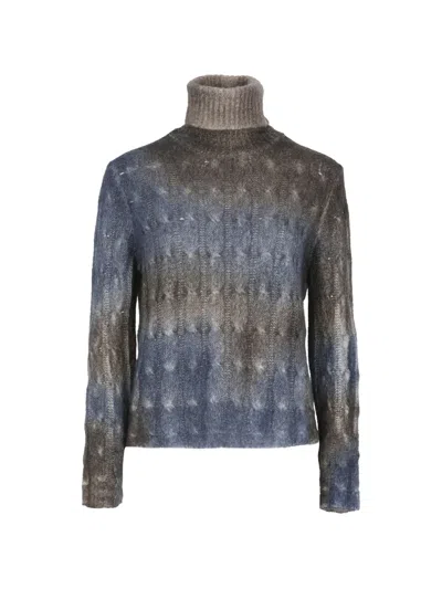 Avant Toi Brown Blue Woven High-neck Sweater In Multi
