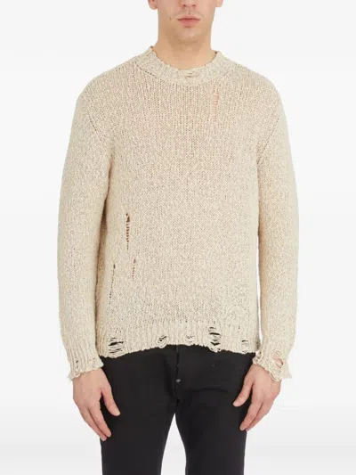 Avant Toi Crew Neck Sweater In Destroyed Cotton And Linen In Neutral