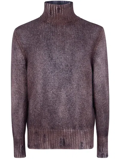Avant Toi Hand Painted Cashmere And Silk High Neck Pullover With Destroyed Edges In Purple
