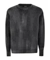 Avant Toi Tonal Effect Ribbed Round Neck Pullover In Cashmere And Wool With Cut Edges In Black