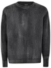 Avant Toi Tonal Effect Ribbed Round Neck Pullover In Cashmere And Wool With Cut Edges In Black
