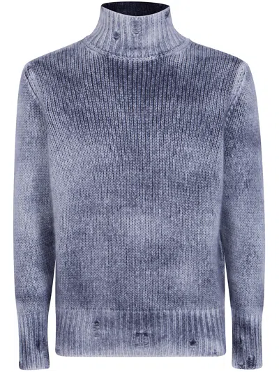 Avant Toi Hand Painted Cashmere And Silk High Neck Pullover With Destroyed Edges In Grey