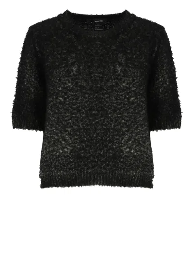 Avant Toi Textured Black Melange Cotton Sweater With Cropped Silhouette