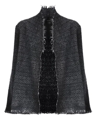 Avant Toi Textured Knit Wool Cardigan With Fringed Edges In Black