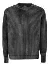 Avant Toi Tonal Effect Ribbed Round Neck Pullover In Cashmere And Wool With Cut Edges In Negro