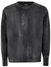 Avant Toi Tonal Effect Ribbed Round Neck Pullover In Cashmere And Wool With Cut Edges