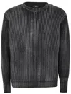 Avant Toi Tonal Effect Ribbed Round Neck Pullover In Cashmere And Wool With Cut Edges In Black