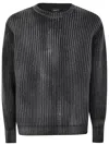 Avant Toi Tonal Effect Ribbed Round Neck Pullover In Cashmere And Wool With Cut Edges In Black