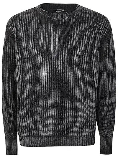 Avant Toi Tonal Effect Ribbed Round Neck Pullover In Cashmere And Wool With Cut Edges In Black